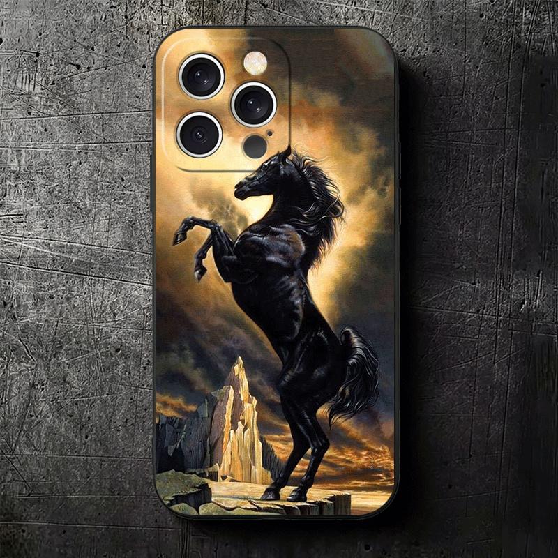 Black Horse Galloping Soft Phone Case for iPhone 16 16E 17 Air 15 Pro Max 14 Plus 13 Mini 11 12 7 Black Cover Back Shell