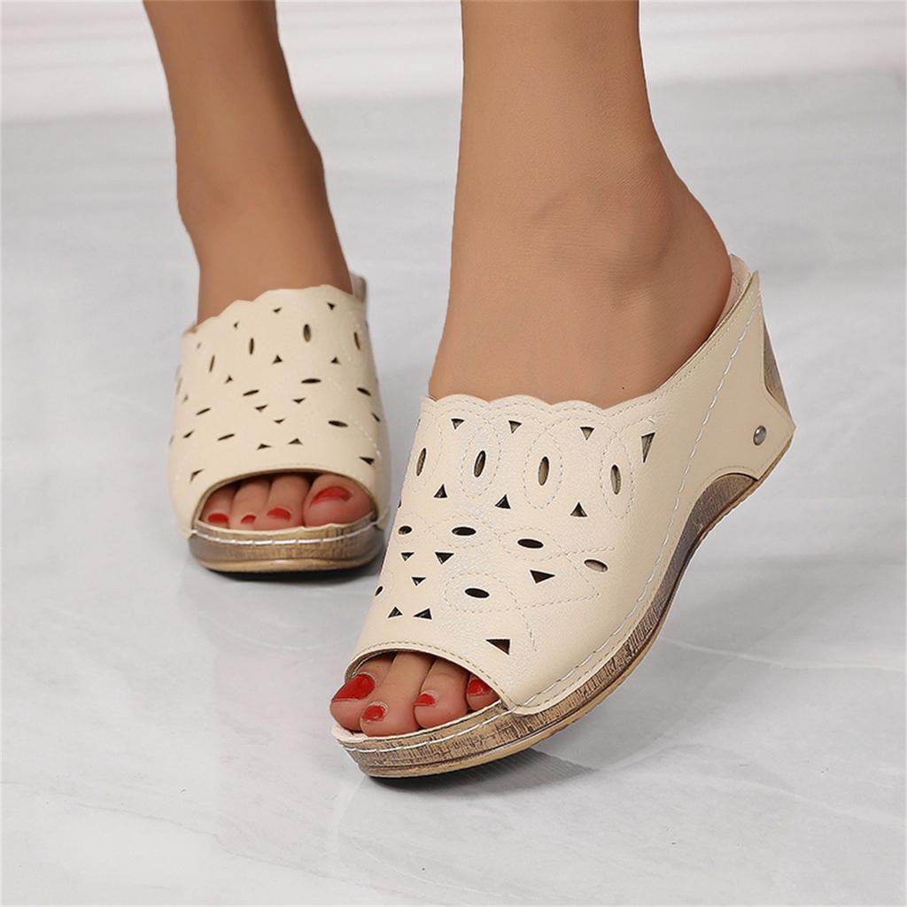 Women'S Sandals Summer Leather Hollowed Out Fish Mouth Sloping Heel Roman Sandals Fashionable Solid Color Slippers Heels
