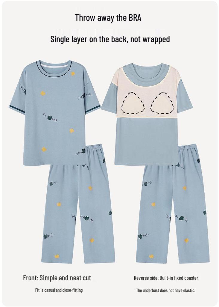 Women's Pure Cotton Pajama Set: Short Sleeve, Seven-Point Pants, Loose Fit, Built-In Bra Pads, Comfortable Home Wear.