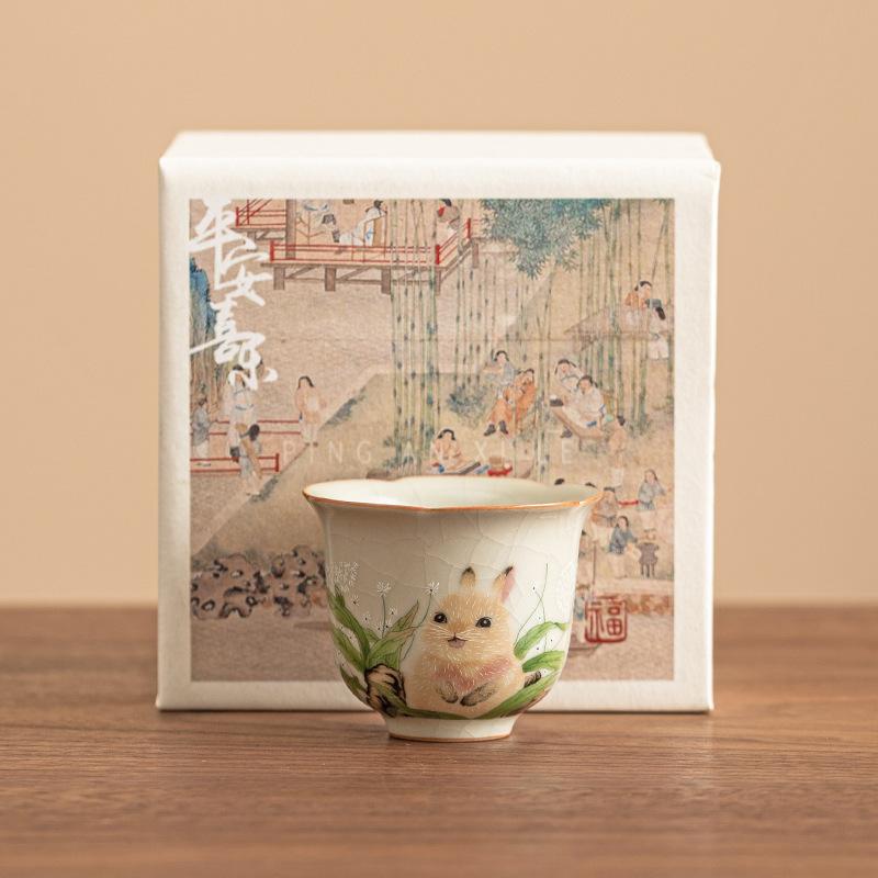 Cute Rabbit Ruyao Teacup Handmade Ceramic Flower Petal Design Gongfu Tea Cup Tea Lover Gift