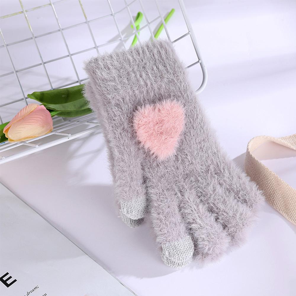Winter Mink Plush Cold Resistant Gloves Suitable For Women's Soft And Warm Cute Solid Color Knitted Five Finger Gloves