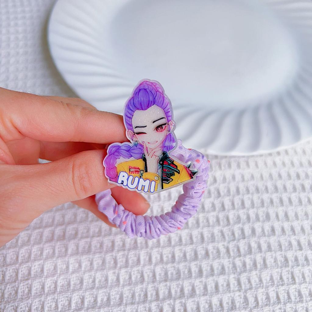 Trendy K-POP Demon Hunters Anime Acrylic Charm Scrunchies, Soft Elastic Hair Ties, Kawaii Hair Accessories for Girls