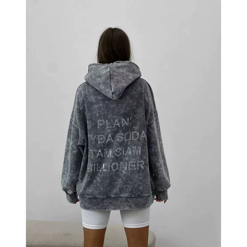 

Модный ветер Ретро Потертый Модный Свитер с капюшоном и длинными рукавами со стразами, Худи с бриллиантовой отделкой Washing ash 3XL