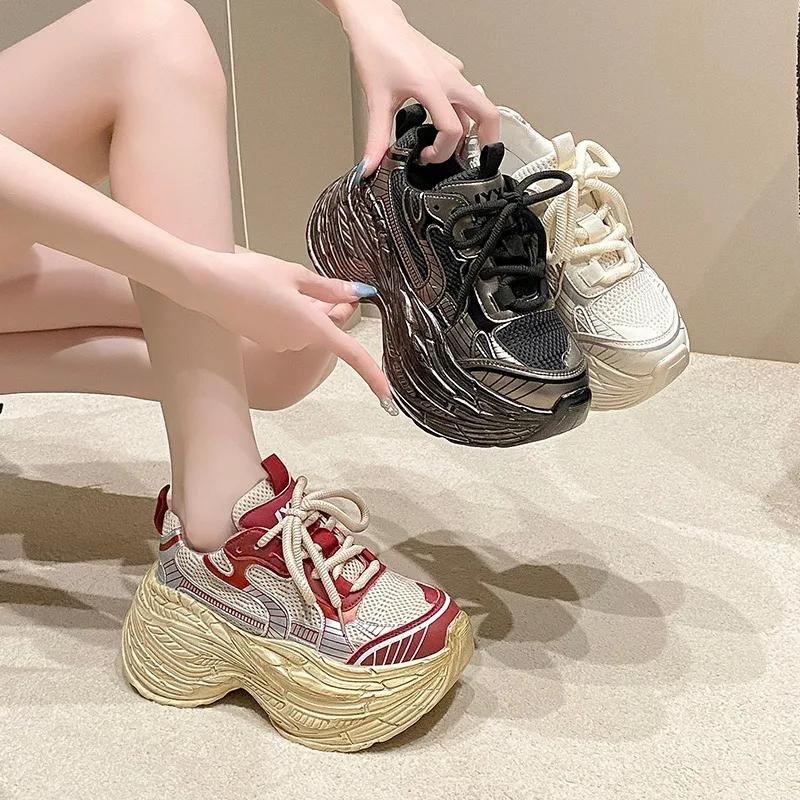 Fashion 8.5CM Comfort Chunky Sneakers Casual Outdoor Non-slip Vulcanized Shoes Woman High Platform Sneakers Lace Up Sport Shoes Women