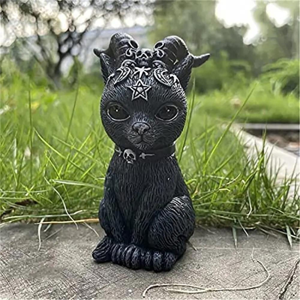Socha černé kočky Tajemná roztomilá kočka Čarodějnice Kočka Figurka Čarodějky Dekor Stolní Ornament Ručně malovaná socha na Halloween 1PC