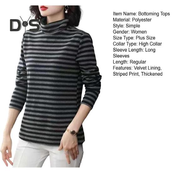 Damen-Oberteile mit hohem Kragen, langen Ärmeln, verdicktem Samtfutter, Pullover-Oberteile, gestreifter Aufdruck
