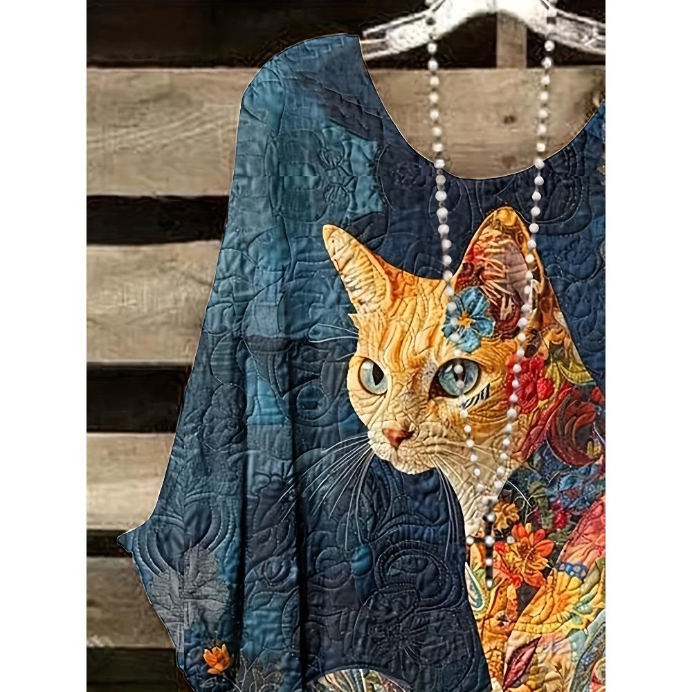 Elegant bohemian vacation style large size simple retro cat pattern print irregular hem crew neck T-shirt
