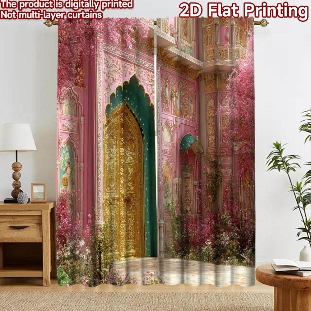 2D Flat Printing 2pcs Curtain Curtains Colorful Floral Palace Door Digital Printed Polyester Drapes Party Decorations Perfect