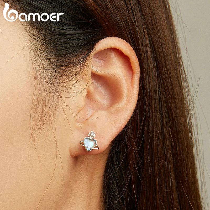 BAMOER 925 Sterling Silver Love Planet Stud Earrings for Women Fine Jewelry Simple Blue Heart Earrings Anniversary Gift
