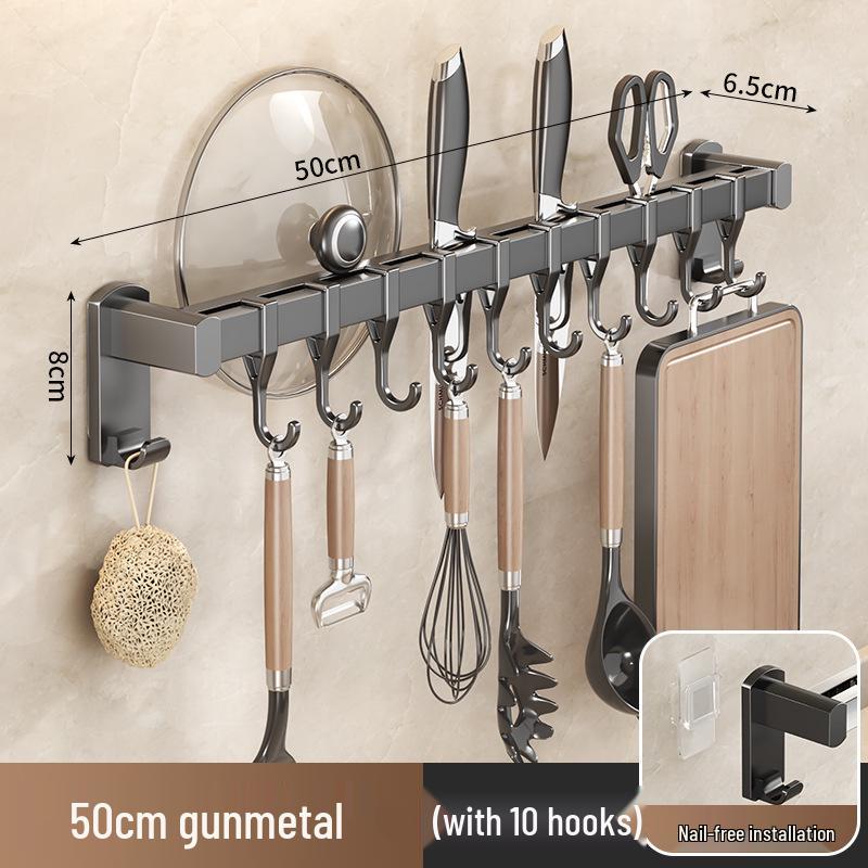 Black Traceless Adhesive Kitchen Storage Rack: Punch-Free Wall-Mounted Pot Lid, Knife Holder, Multi-Functional Hooks