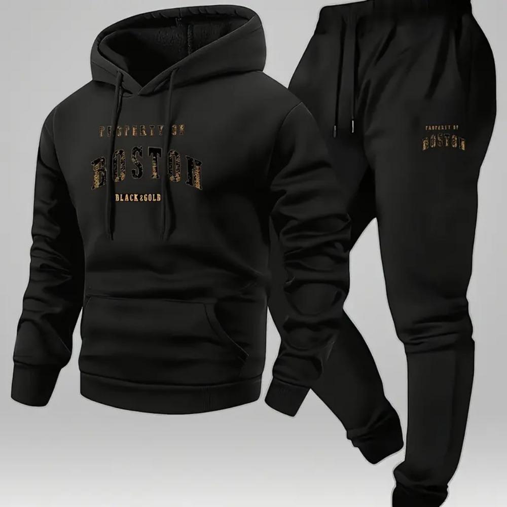 Men's Letter Printed Hooded Sweatshirt and Sweatpants Soft and Comfortable Warm Sweatpants Autumn and Winter Set