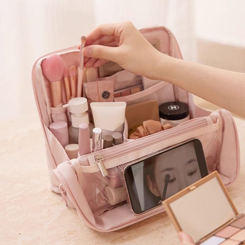 1pc Large Capacity Standing Cosmetic & Travel Organizer Case with Padded Fill - Heavy-Duty Nylon Makeup Brush Holder