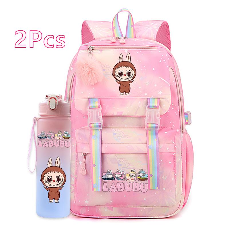 2Pcs/set Cute Cartoon Printed Backpack with 750Ml Outdoor Sports Water Bottle Student Girl Boy Schoolbag Large Capacity Travel Bag Gift