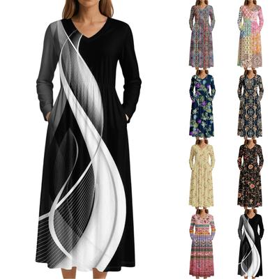 Rochie Pentru Femei Rochie Lungă Boho de Plajă Rochie Maxi Elegantă Rochie cu Mâneci Lungi cu Guler în V și Buzunare