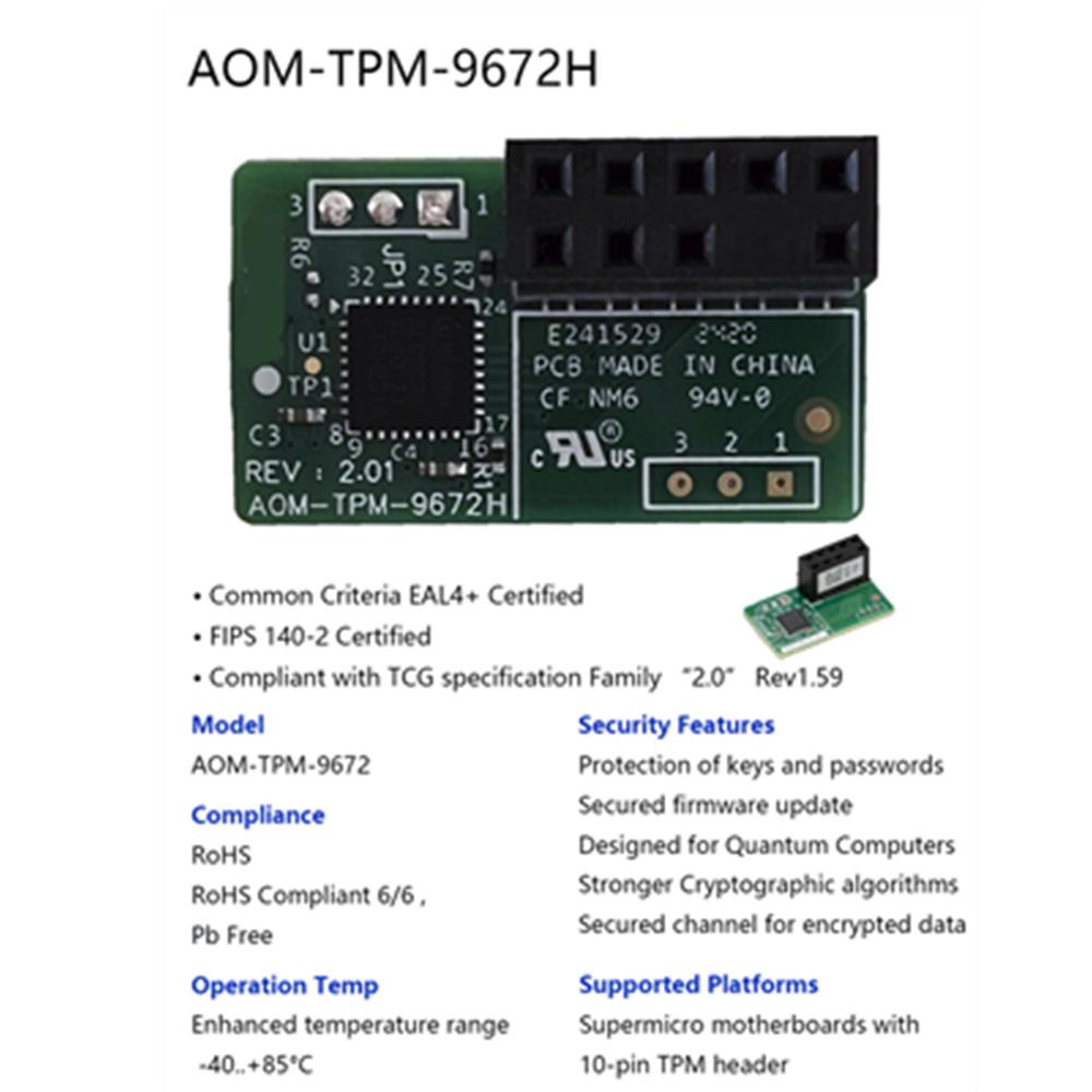 TPM 2.0 Module Trusted Platform Module 10 Pin For SuperMicro AOM-TPM-9672H 2.0