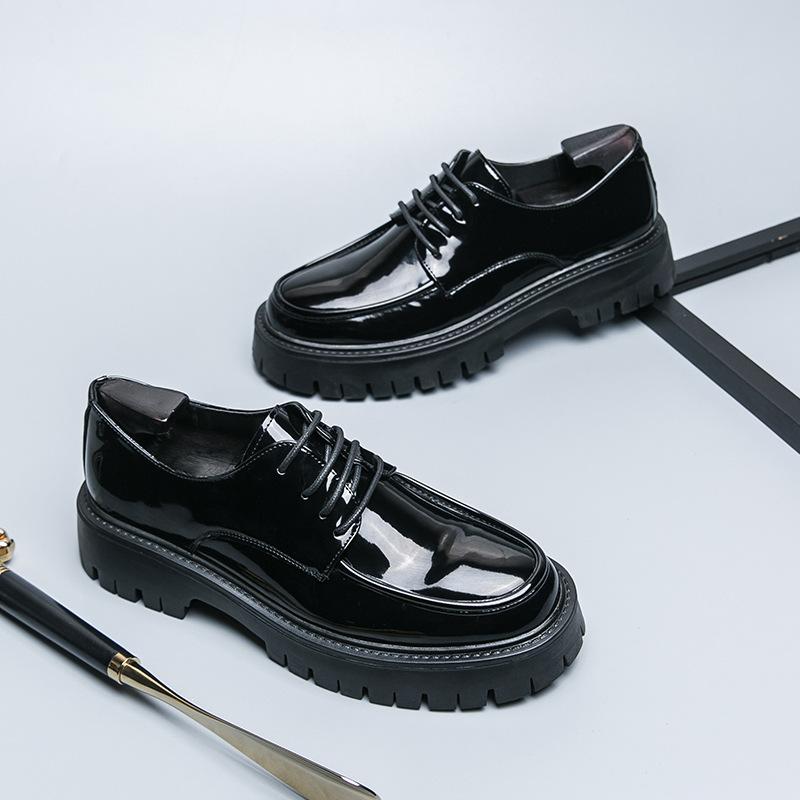 2025 Korean version of autumn glossy lace-up business leather shoes men's fashion big head business dress heightened thick-soled derby shoes
