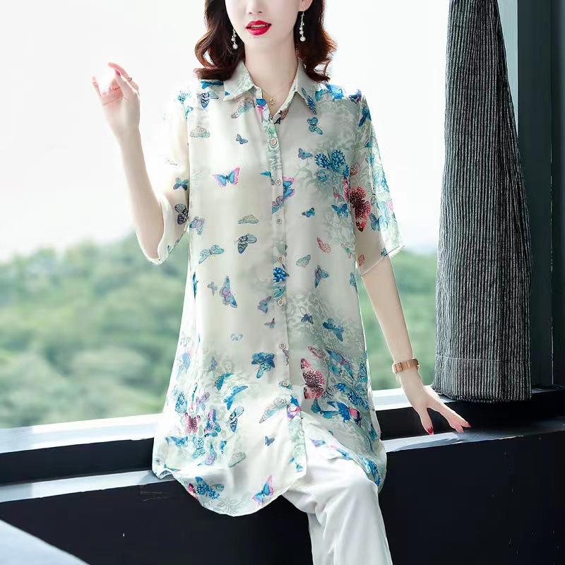 Women's Polo Collar Three Quarter Sleeve Jacket Loose Fit Floral Print Chiffon Mid Length Blouse Casual Outerwear