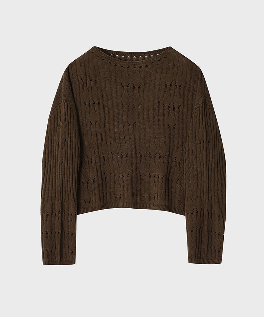 NOIRER FOR WOMAN Wool Damaged Boat Neck Knit Top (Brown)