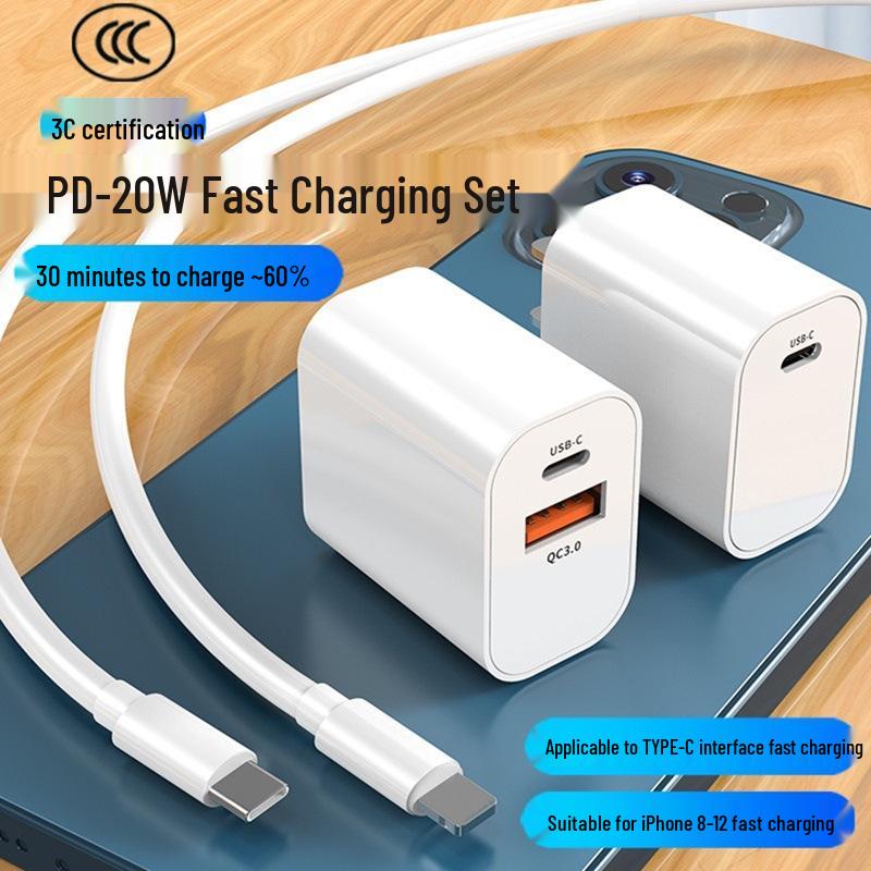 3C Certified PD20W Fast Charger - Dual Port for Apple Phones with Flash Charge Cable