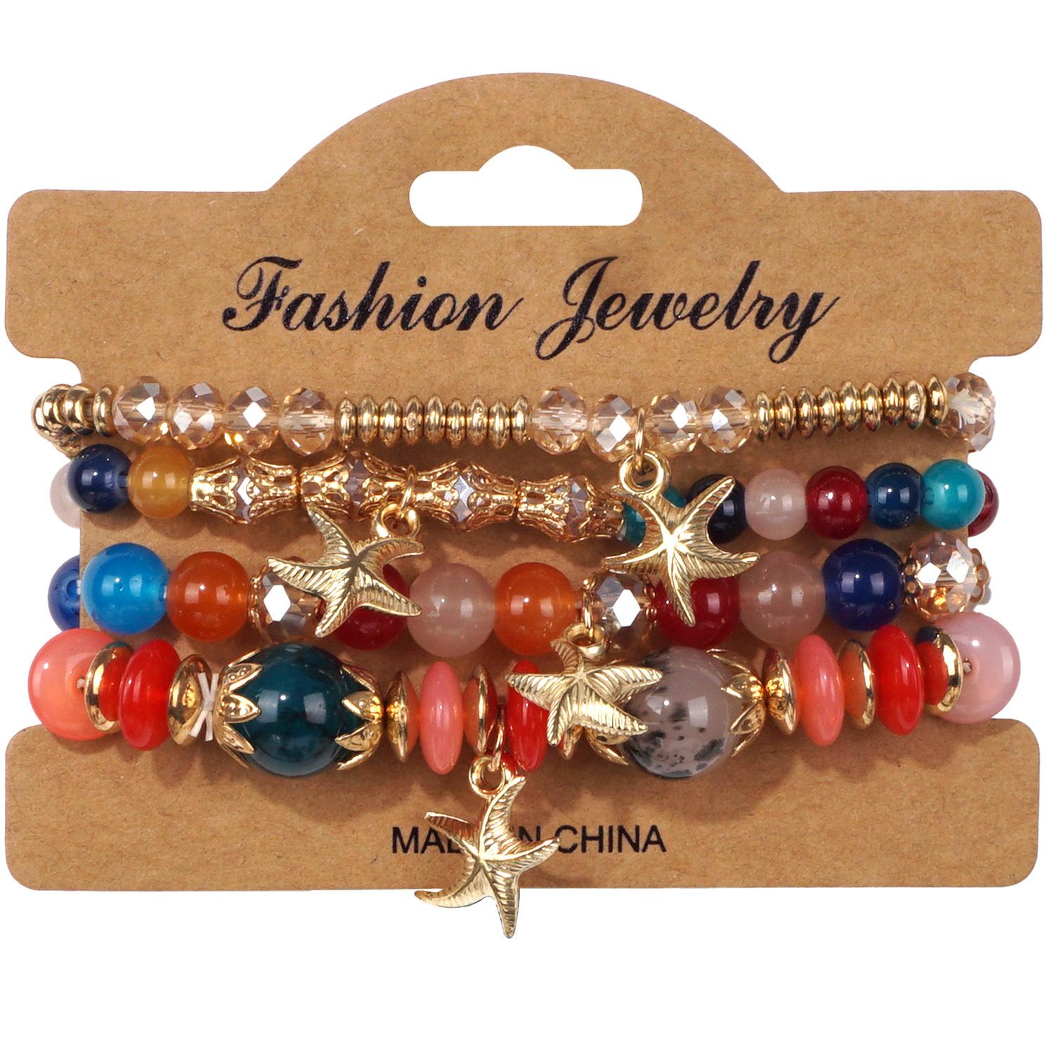 Women Bohemian Multi-layer Crystal Beaded Starfish Pendant Colorful Bracelet