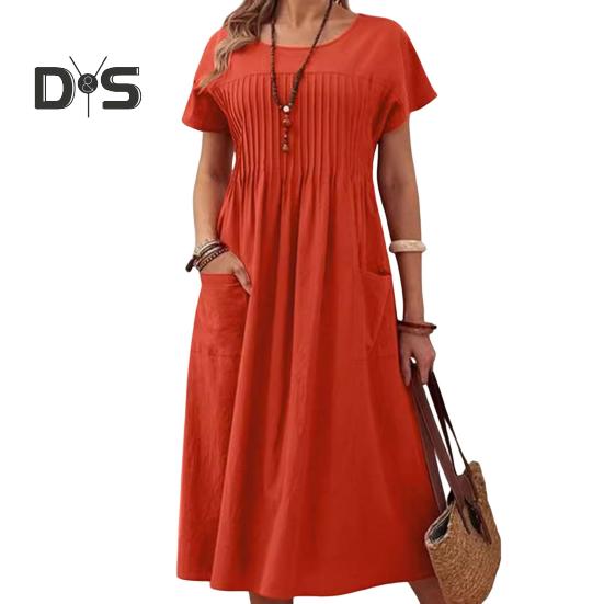

Женское повседневное платье, платье макси с круглым вырезом, короткими рукавами и карманом, свободное летнее платье для офиса, повседневная пляжная вечеринка L красный/оранжевый