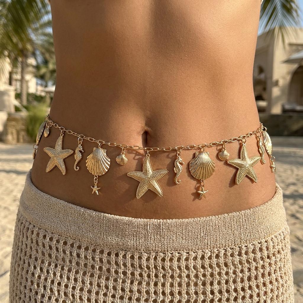Boho Metal Starfish Shell Conch Seahorse Pendant Waist Chain For Women Gold Color Sea Star Belly Chain Beach Bikini Body Jewelry