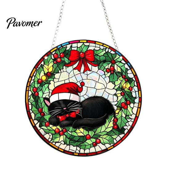 Indoor Hanging Holiday Signs Christmas 2D Acrylic Suncatcher, Stained Glass Style Black Cat Window Hanging, Door Plaques Colorful Plaque with