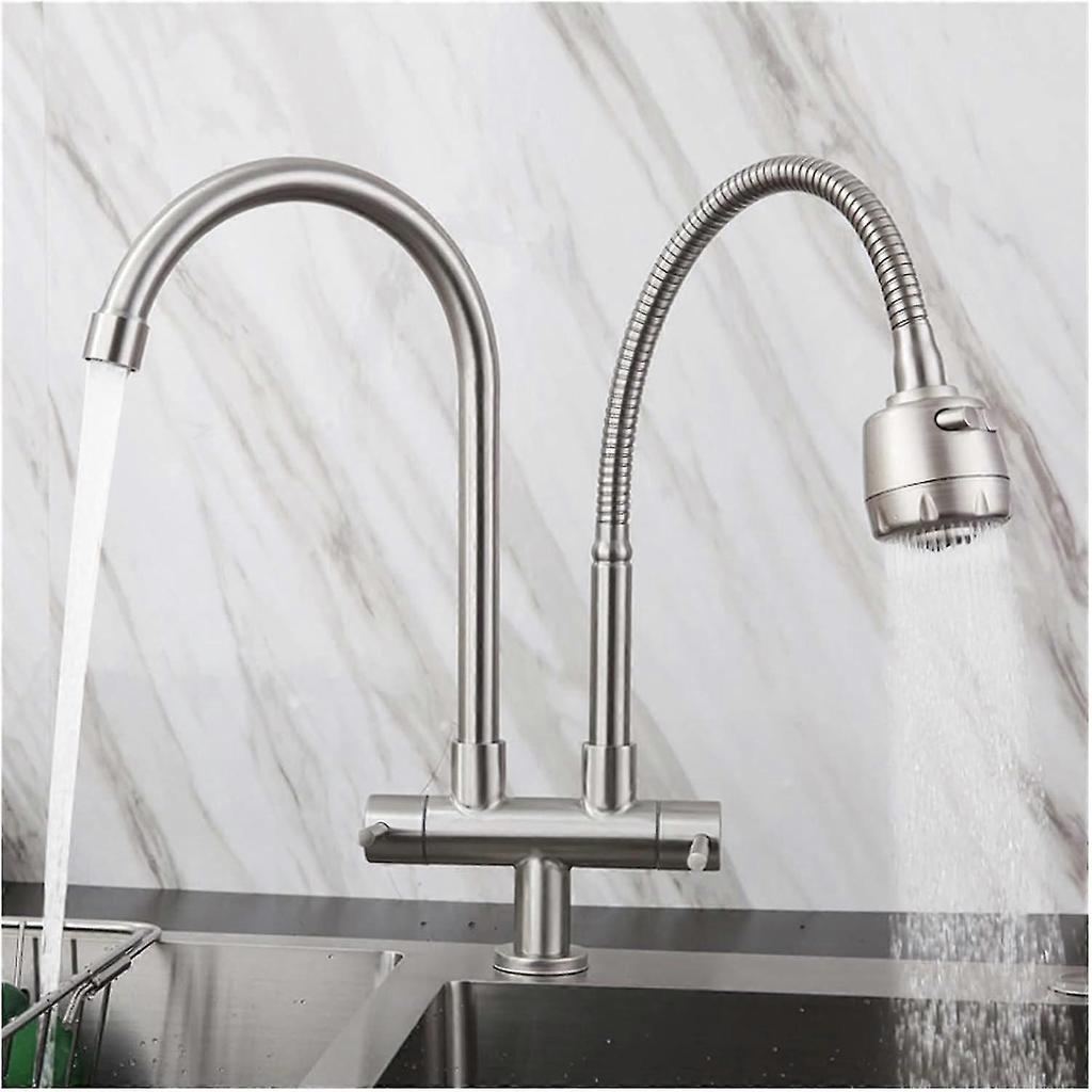 Kitchen Double Outlet Faucet 304 Stainless Steel Single Cold Double Pipe Tap Universal Rotating Sink Faucets(C)