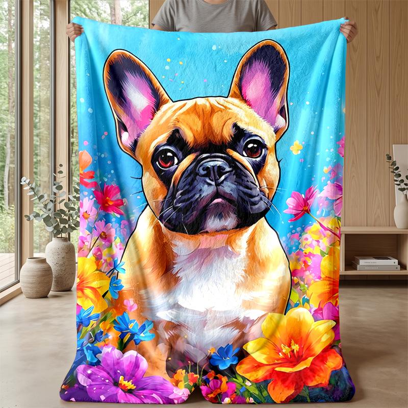 Fluffy Dog In Flower Garden Theme Blanket Lightweight Warm Flannel Blanket Decorative Throw Blanket for Home Decoration