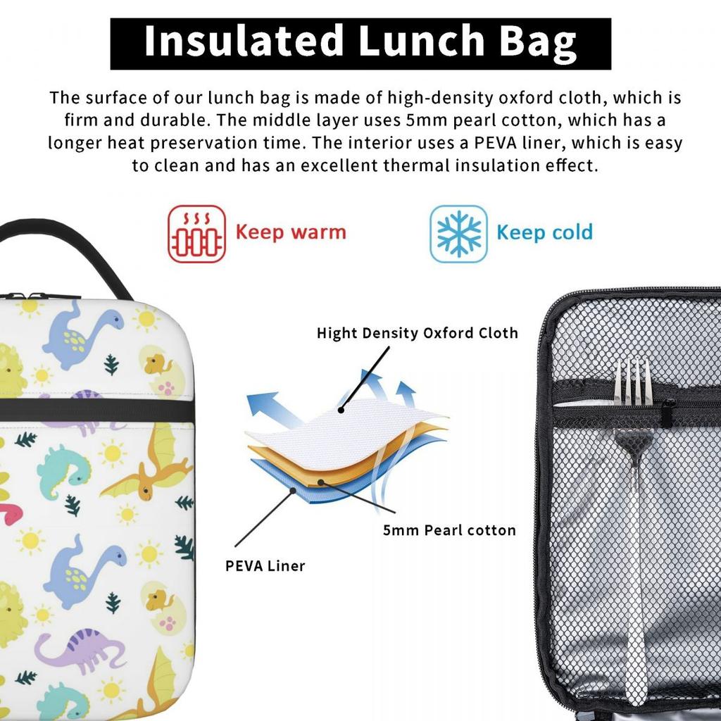 Cartoon Light Color Dinosaur Pattern Insulated Lunch Bag for Women Kids Portable Food Boxes Thermal Lunch Box Tote
