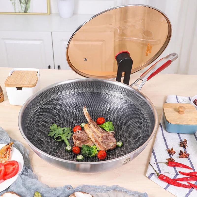 Kangbachen 32cm Stainless Steel Flat-Bottom Wok Set