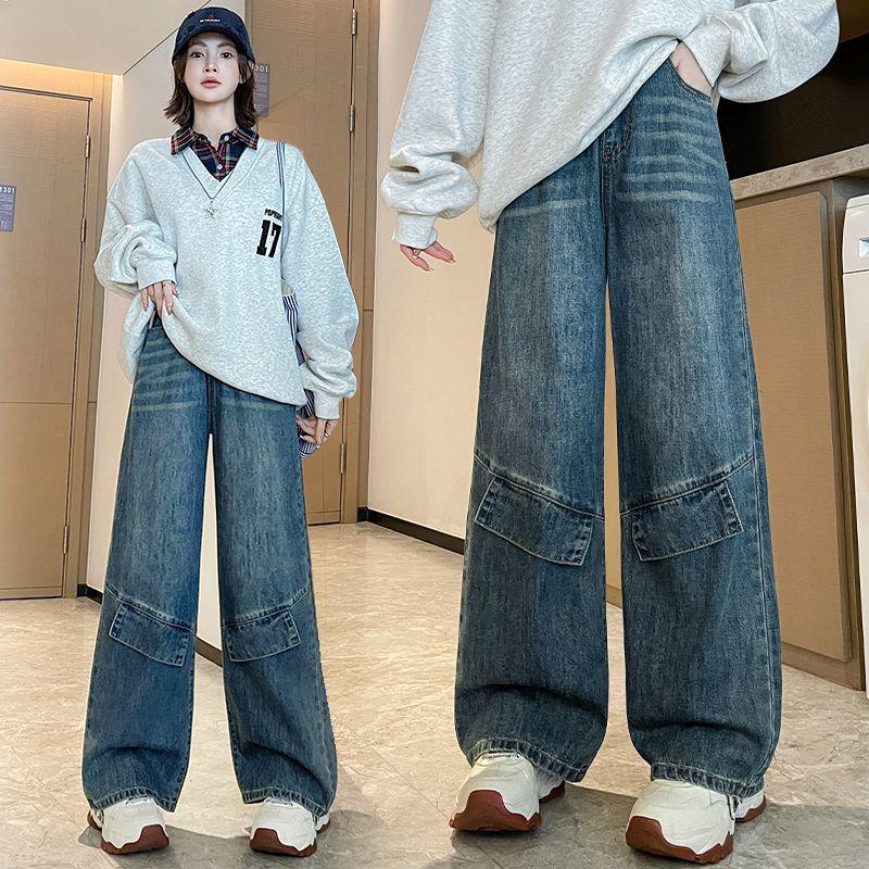 Plus Size Women's Black Denim Pants, Loose Elastic Waist, Wide-Leg, Straight, Floor-Length, Winter Extra Thick, Slimming, Fits Up to 200 Jin.