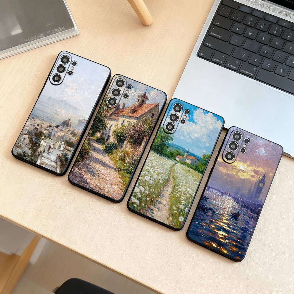 Landscape oil painting Phone Case For Samsung S25,S24,S21,S22,S23,S30,Ultra,S20,Plus,Fe,Lite,Note,10,Black Cover