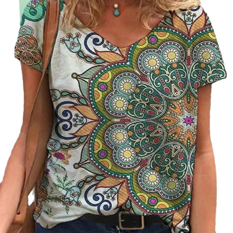 Summer V-neck 3D Retro Ethnic Style Printed Top Fashionable Casual Short Sleeved Women's T-shirts