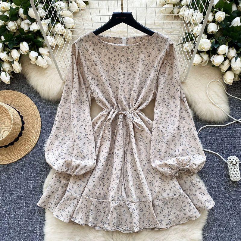 

French Style Design Drawstring Lace-up Waist-Controlled Lantern Sleeve Floral Dress Female Autumn Slim Looking Elegant Lotus Leaf Skirt Apricot Card One size