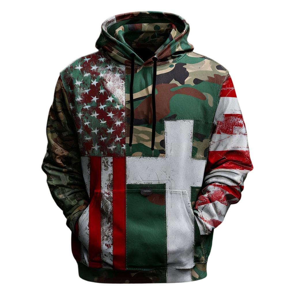 Men's Vintage Casual American Flag Cross Hoodie Patriotic Shirt