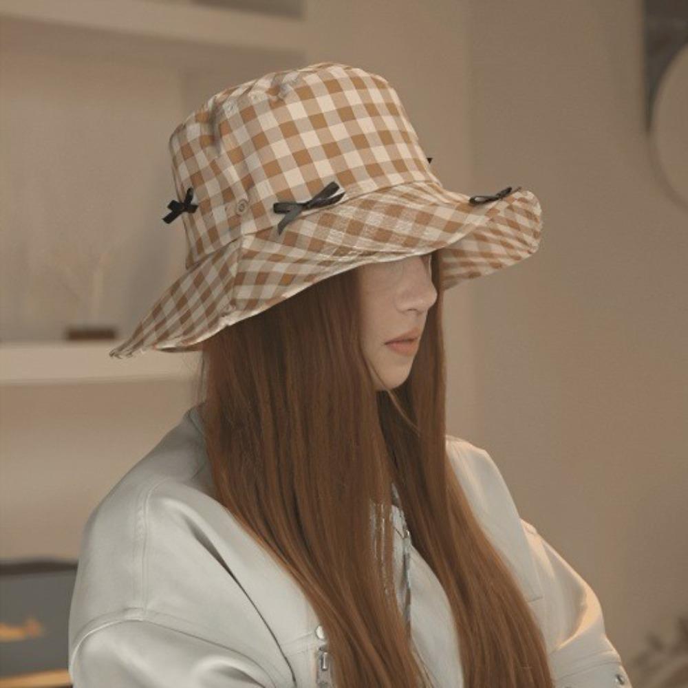 Small Lattice Drawstring Sun Hat Versatile Bow Bucket Hat Fashion Hiking Fisherman Hat  Famale