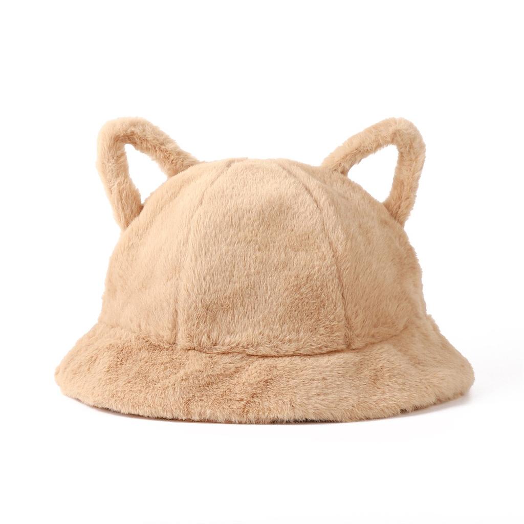 Women's Bucket Hat Winter Cute Cat Ear Plush Fisherman Cap Keep Warm Faux Fur Leopard Bob Cap Female