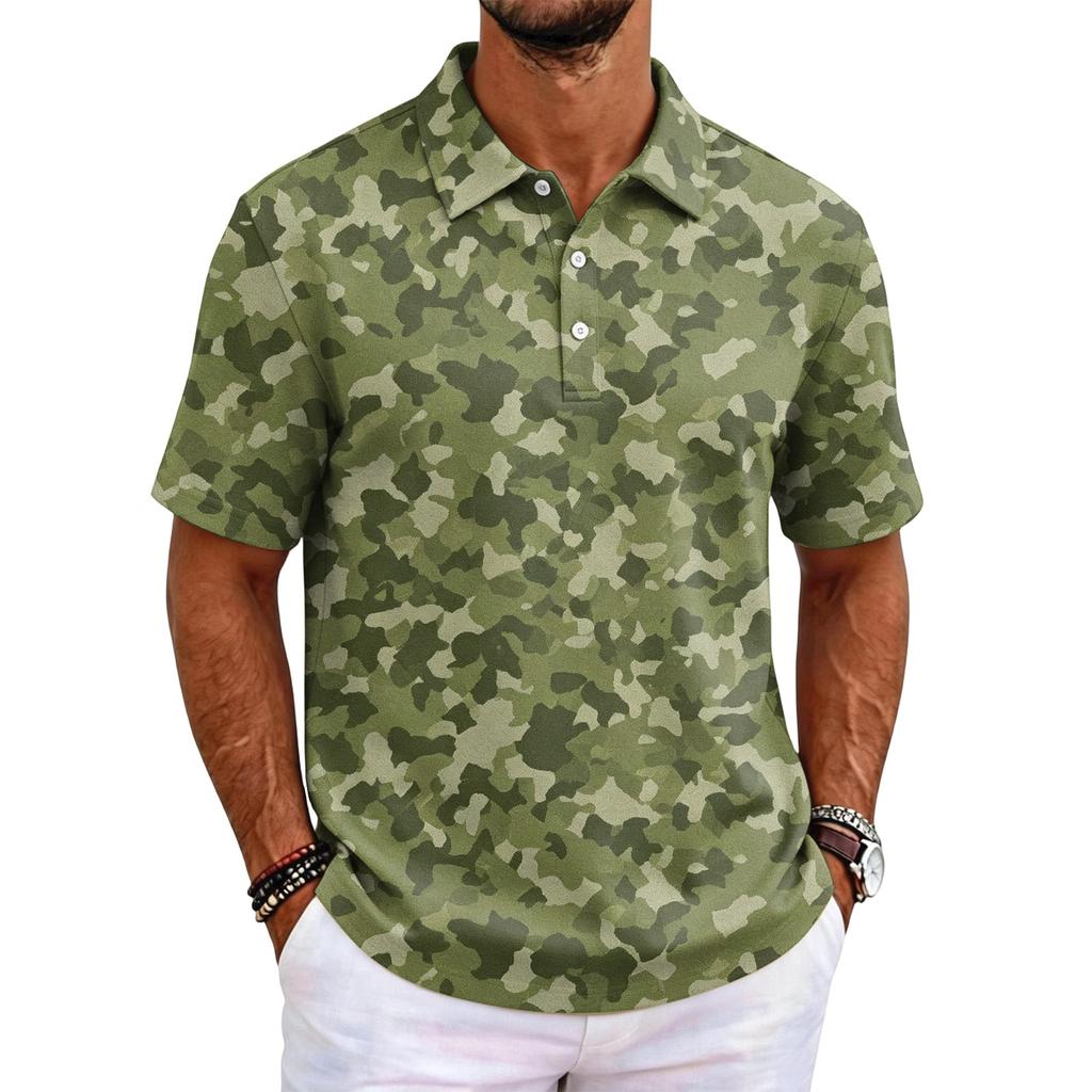 Men's Camouflage Polo Shirt Slim Fit Short Sleeve Business Casual Collar Buttoned Front Breathable Fabric Lightweight Design