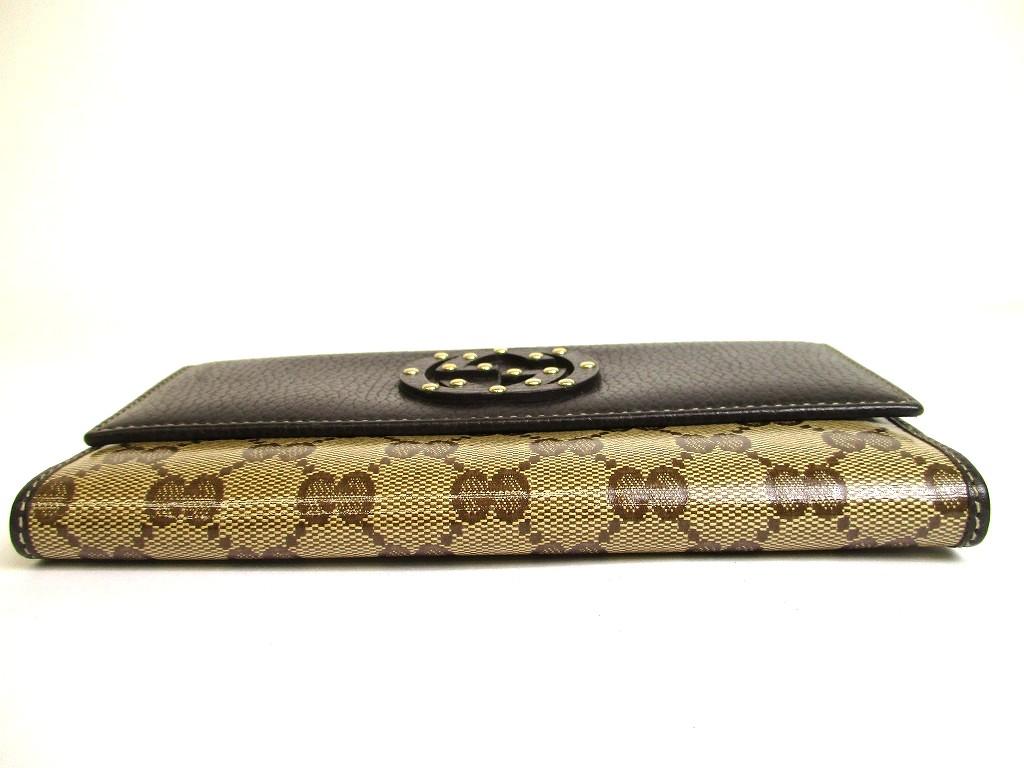 Authentic GUCCI Beige GG Coating Canvas Dark Brown Leather Flap Wallet #a997  Refurbished