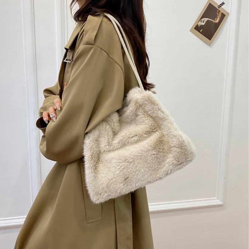 Women Fluffy Shoulder Bag Top-handle Bag Fashi Female Autumn Winter Handbag Soft Plush Versatile Shopping Tote