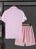 Vacation-Style Pink and White Striped Patchwork Shirt and Shorts Set, Men's Refreshing Summer Outfit