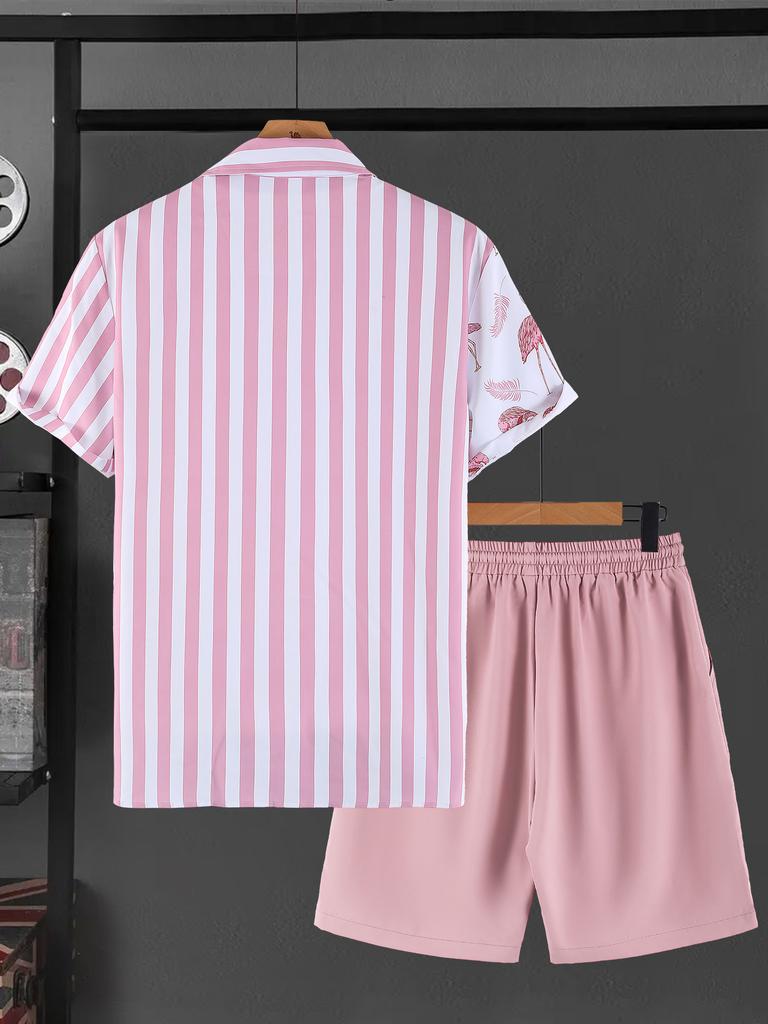Vacation-Style Pink and White Striped Patchwork Shirt and Shorts Set, Men's Refreshing Summer Outfit