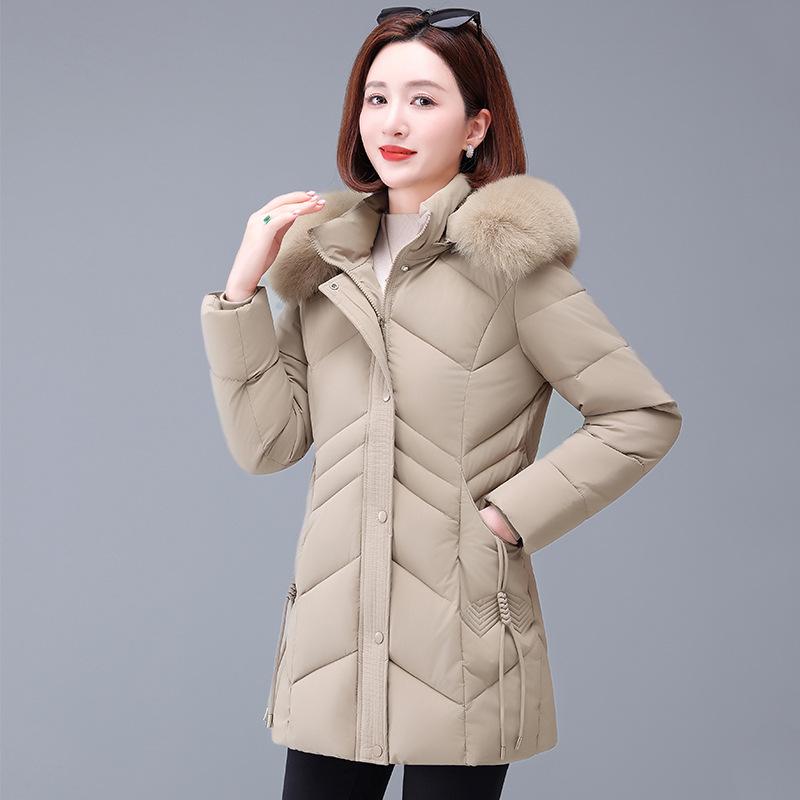 Women's Mid-Length Slimming Down Cotton Jacket with Large Fur Collar - Winter Padded Coat for Mothers & Elderly.