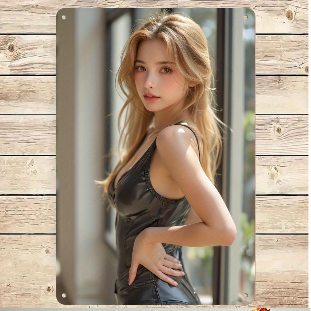 

Vintage East Asian Beauty with Wavy Blonde Hair in Black Faux Leather Sleeveless Bodysuit Metal Tin Sign Retro Modern Urban St 20x30cm（7.8x11.8inch）