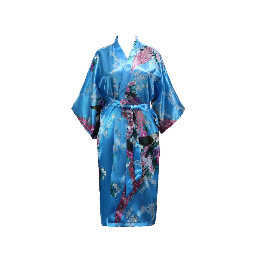 Women's Japanese-Style Satin Kimono Bathrobe with Peacock Design