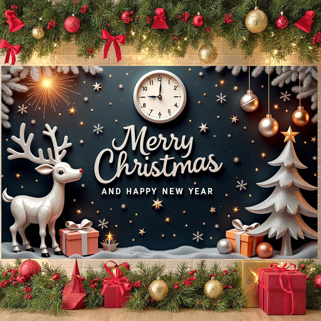 Festive Banner Clock Accent Christmas Banner Happy New Year Background Reindeer Design New Year Background For Family Reunion
