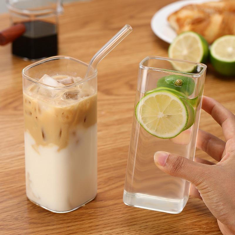 Tasse à café/thé en verre carré 350 ml, bouteille à paille en verre borosilicaté résistant à la chaleur, avec couvercle, paille et brosse de nettoyage