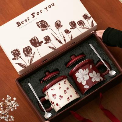Flowering Couple Pair Cup Wedding Gift Tulip Ceramic Mug with Lid Spoon Office Home Gift Water Cup