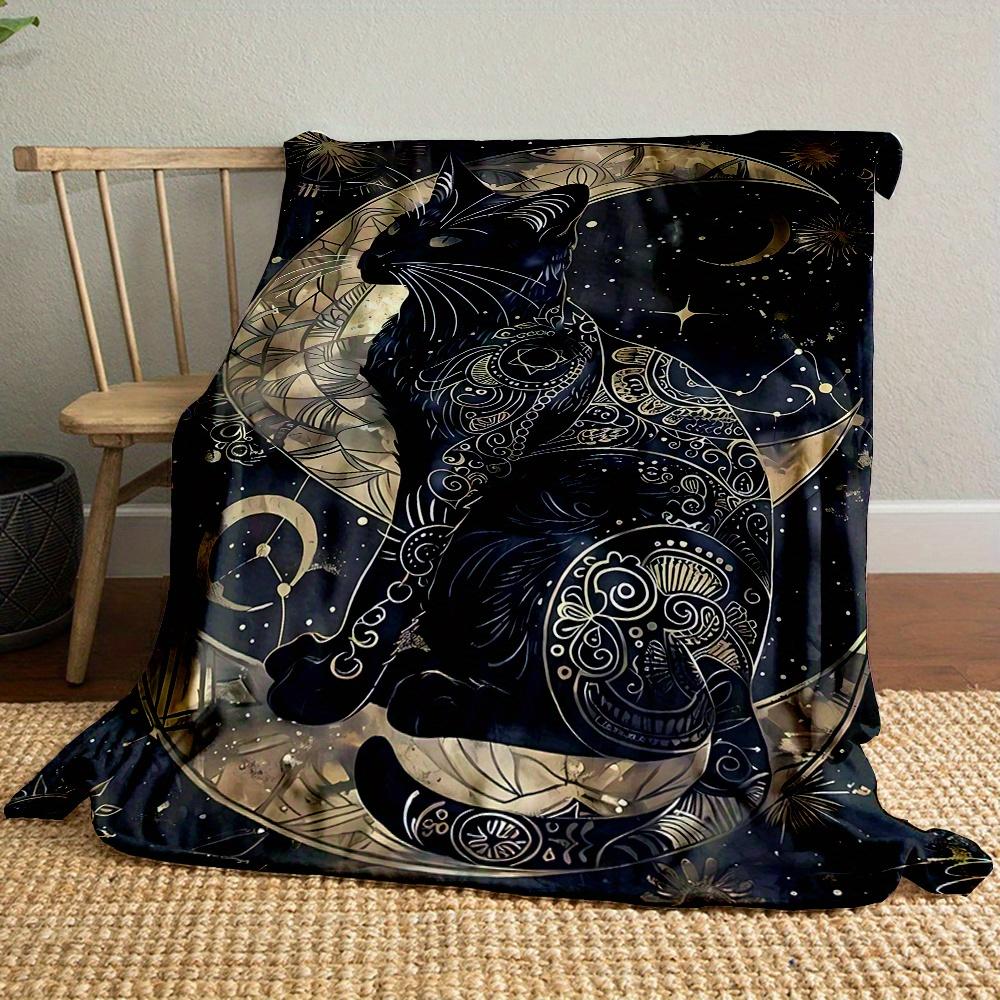 Printed Black Cat Fleece Blanket Mystical Moon and Stars Mandala Skull Soft Warm Flannel Throw Blankets for Bed Sofa Home Decor